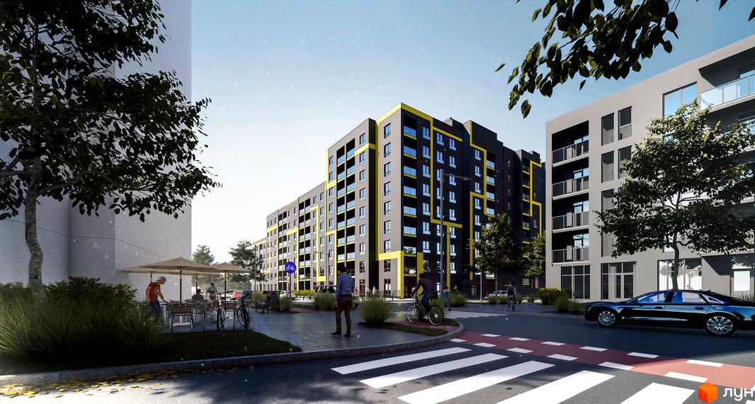 Зображення фасаду Житлового комплексу Шенген та прибудинкової території. На передньому плані пішохідний перехід та припаркований автомобіль.