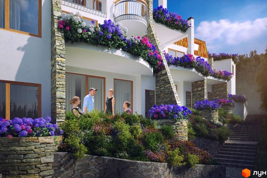 Зображення сторінки житлового комплексу Townhouse „Городской дом“. Білі будинки з кам'яною обробкою та великою кількістю квітів на балконах і терасах. На території зелені насадження та сходи.