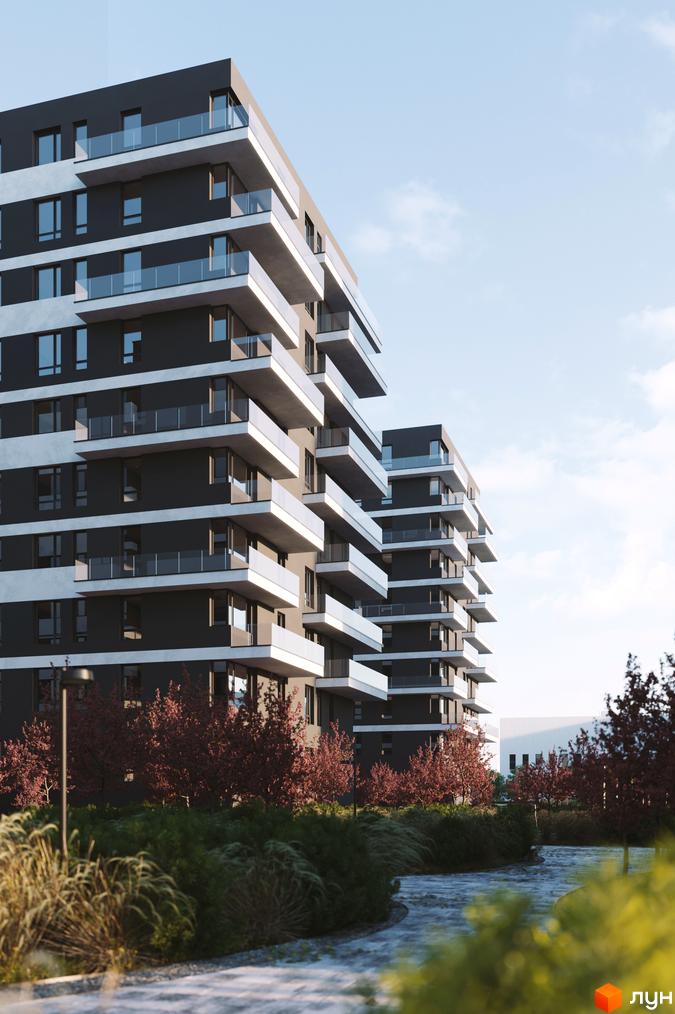 Зображення фасаду та прибудинкової території Житлового комплексу Avalon Flex. Багатоповерховий будинок з балконами та озелененням.