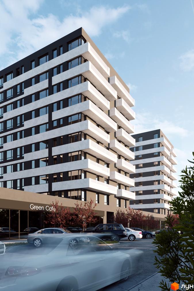 Житловий комплекс Avalon Flex з білими балконами та темними фасадами, на тлі блакитного неба. Перед будинком розташована парковка з автомобілями та вивіска