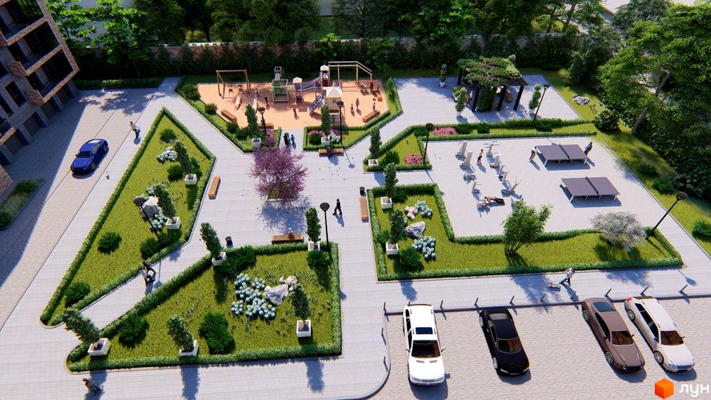 Вигляд зверху на Житловий комплекс Dubinina з дитячим майданчиком, спортивною зоною та парковкою. Навколо будинку зелені насадження.