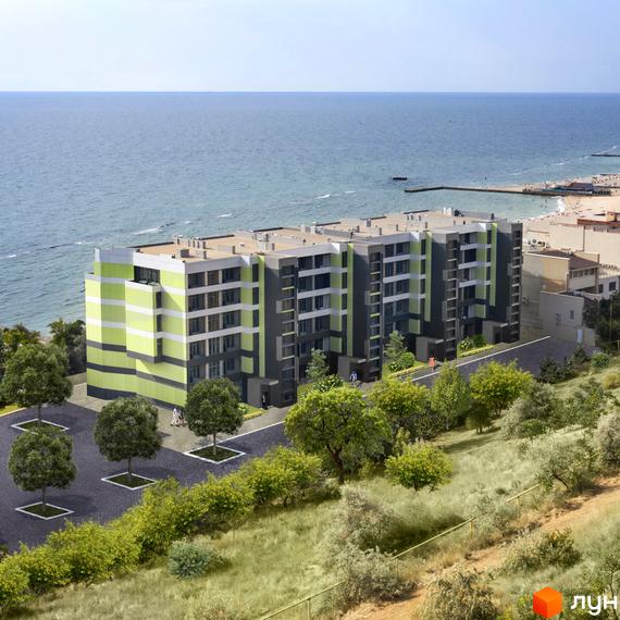 Житловий комплекс MAGNÍT. Будинок на Фонтані - сучасна новобудова біля моря з зеленою та сірою фасадною обробкою. Прибудинкова територія з деревами та парковкою.