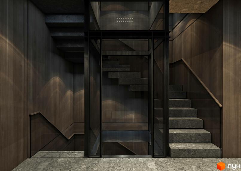 Інтер'єр Таунхаусів „Struetinsky“: просторий хол зі сходами з кам'яними сходами, дерев'яними панелями на стінах та скляним ліфтом. Підлога з терраццо.