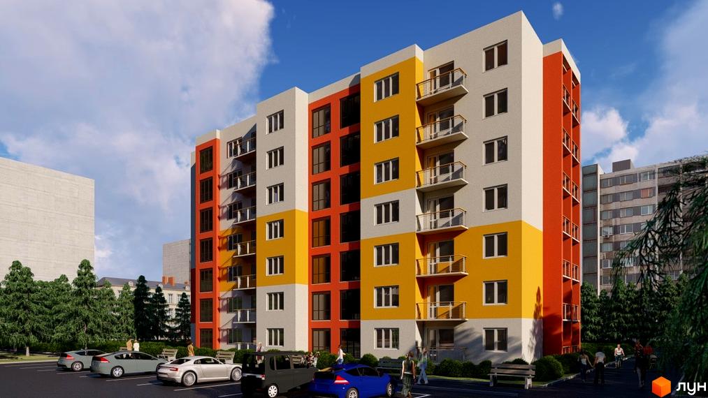 Багатоповерховий будинок ЖК Діамант з яскравим фасадом, балконами та великими вікнами. На прибудинковій території є парковка та зелені насадження.
