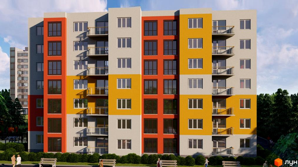 Багатоповерховий будинок ЖК Діамант з яскравим фасадом, балконами та панорамними вікнами. На прибудинковій території лавки та зелені насадження.