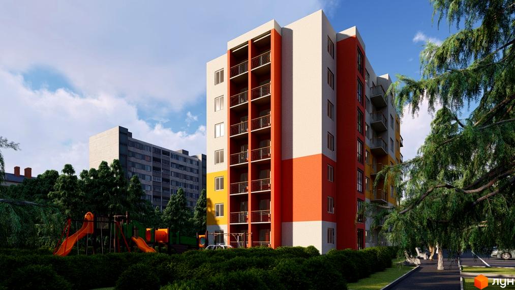 Висотна будівля ЖК Діамант з балконами та яскравим фасадом. На території є дитячий майданчик та зелені насадження.