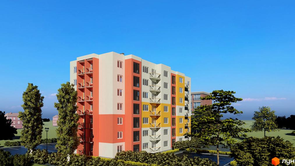 Зображення фасаду багатоповерхового будинку Житлового комплексу Діамант з балконами та прибудинковою територією з деревами.