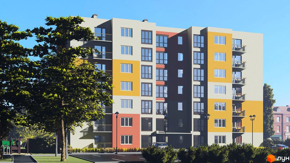 Зовнішній вигляд будинку в Житловому комплексі Діамант. На фото будівля з вікнами та балконами, поруч зелені насадження.