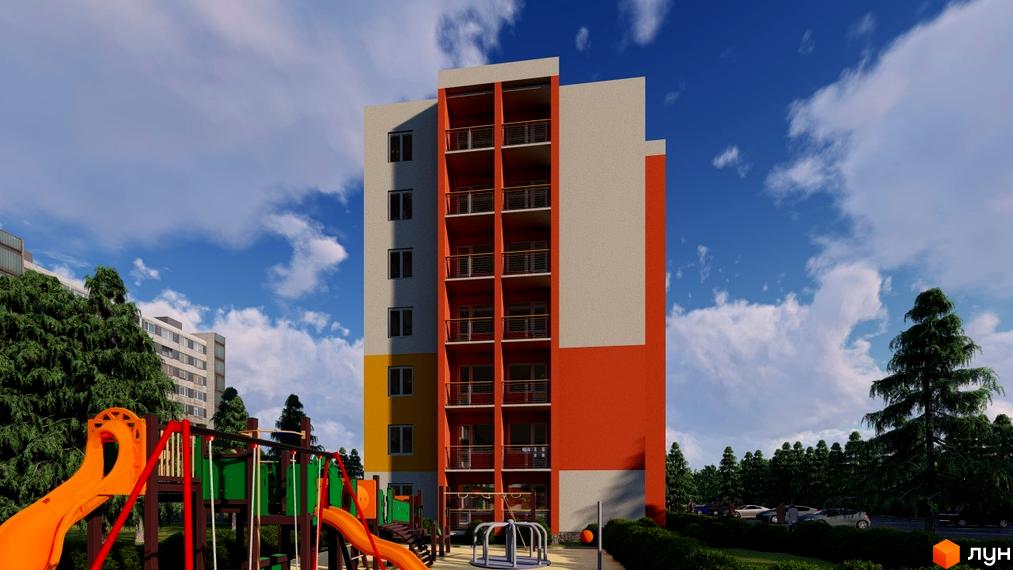 Багатоповерховий будинок ЖК Діамант з балконами та яскравим фасадом. На території облаштований дитячий майданчик та зелені насадження.