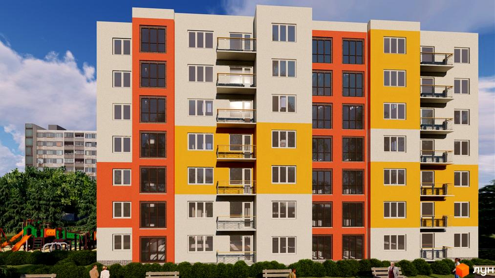 Зображення фасаду багатоповерхового будинку Житловий комплекс Діамант з балконами та вікнами. На передньому плані зелені насадження.