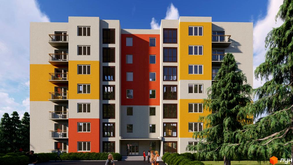 Багатоповерховий будинок ЖК Діамант з фасадом у жовто-червоних тонах, балконами та великими вікнами. На прибудинковій території зелені насадження.