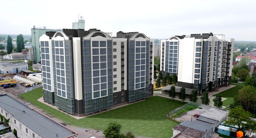 Зображення Житлового комплексу Центральний, вид на багатоповерхові будинки з великими вікнами та зеленою прибудинковою територією.
