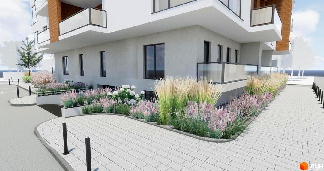 Житловий комплекс Baltiysʹka Hall з білим фасадом, балконами та доглянутою прибудинковою територією з різнотрав'ям і доріжками.