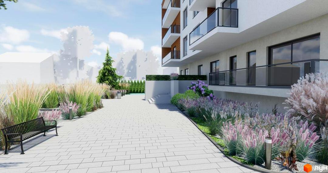 Багатоповерховий будинок Житлового комплексу Baltiysʹka Hall зі світлим фасадом та скляними балконами. Прибудинкова територія з доріжками, лавкою та декоративними травами.