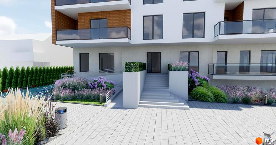 Житловий комплекс Baltiysʹka Hall з білим фасадом, дерев'яними елементами та скляними балконами. Прибудинкова територія має доріжки, сходи, пандус та багато зелені.