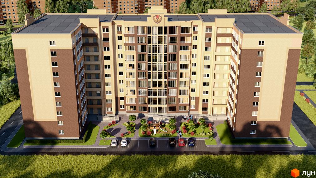 Зображення фасаду та прибудинкової території Житлового комплексу Олімпійський-5. Багатоповерховий будинок з дитячим майданчиком та парковкою.