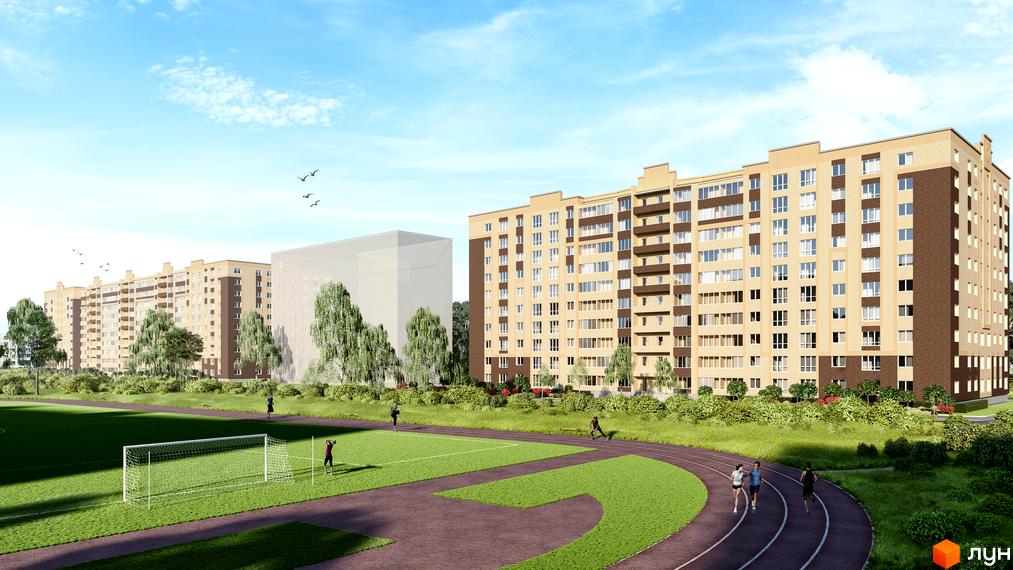 Житловий комплекс Олімпійський-5. Високі будинки з великою кількістю вікон. На території є футбольне поле та бігові доріжки.