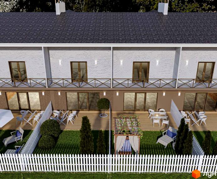 Зображення таунхаусів Garden House з балконами та терасами. На території є зелений газон, дерева та білий паркан.