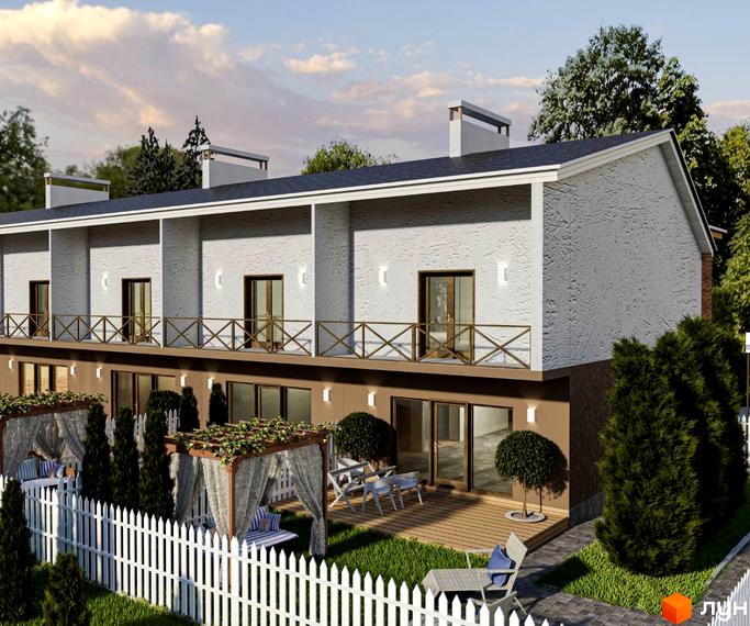 Зображення сторінки житлового комплексу Garden House. Двоповерхові таунхауси з балконами та терасами, біля будинків білий паркан, газон та альтанки.