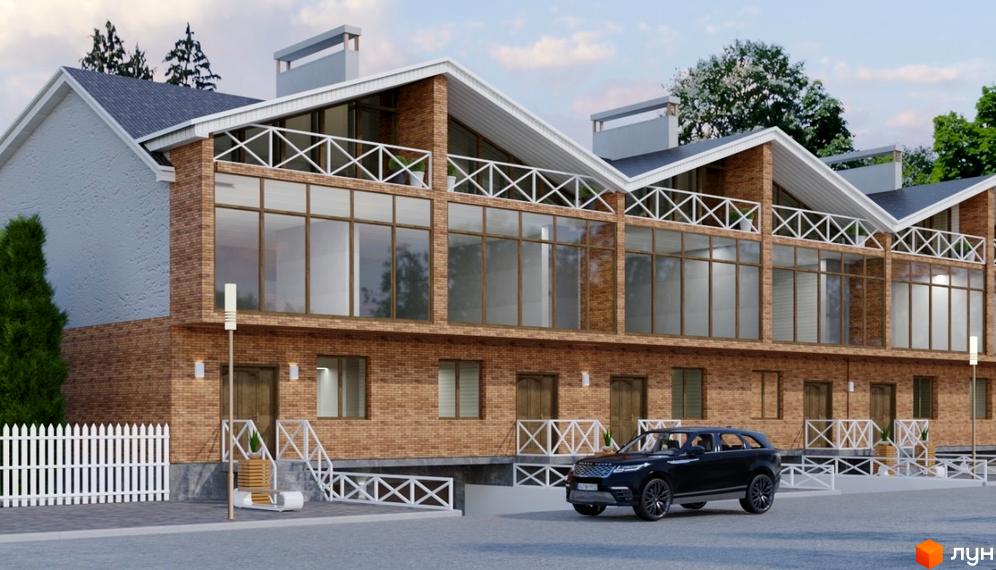 Зображення таунхаусів Garden House з червоної цегли з великими вікнами та білою огорожею. Перед будинком припаркований чорний автомобіль.