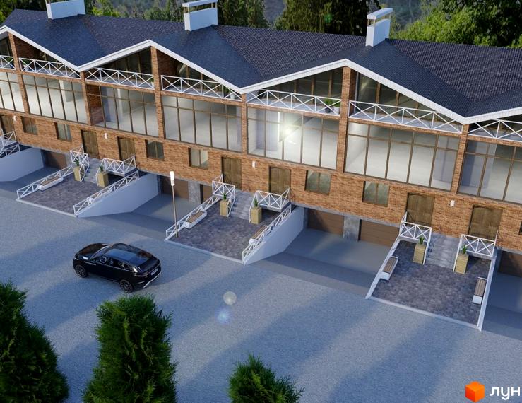 Зображення таунхаусів Garden House з цегли з великими вікнами та балконами. Перед будинками розташована парковка та зелені насадження.