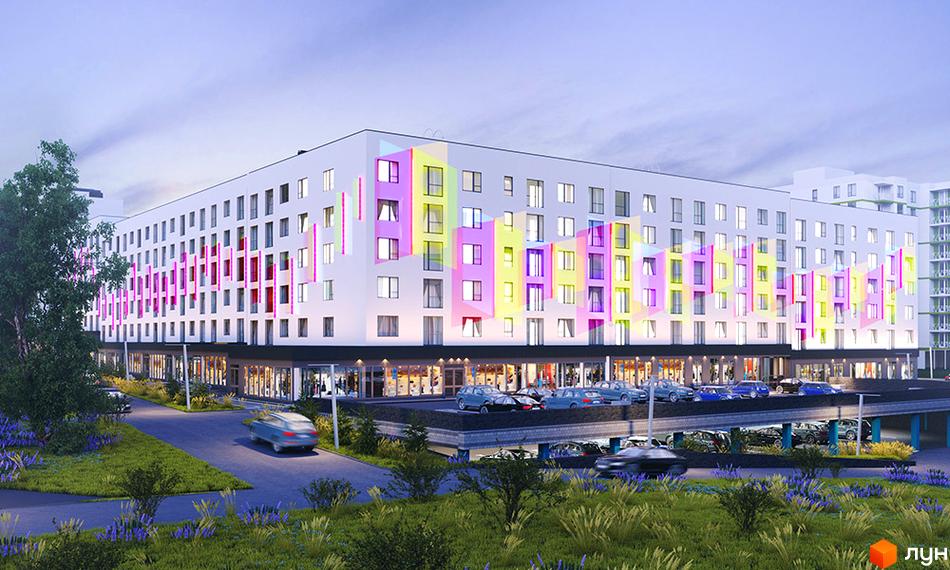 Житловий комплекс Синергія Glass з яскравим дизайном фасаду та паркінгом. На передньому плані - зелені насадження та дорога до будинку.