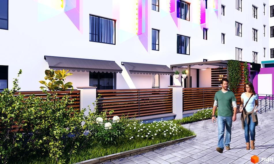 Зображення фасаду та прибудинкової території Житлового комплексу Синергія Glass. Вигляд будинку з тротуару та двору.