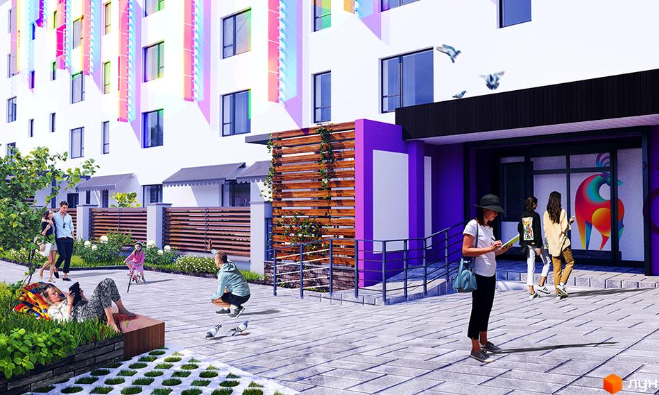 Житловий комплекс Синергія Glass з яскравим фасадом та прибудинковою територією з пішохідною зоною.