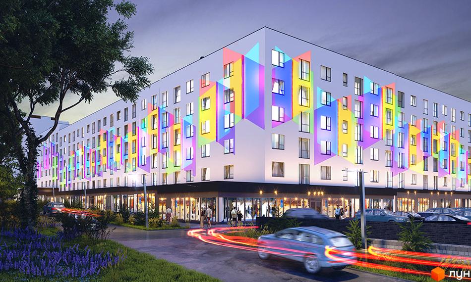 Зображення фасаду Новобудови Синергія Glass з кольоровими елементами. На передньому плані дорога з автомобілями та зелена зона.