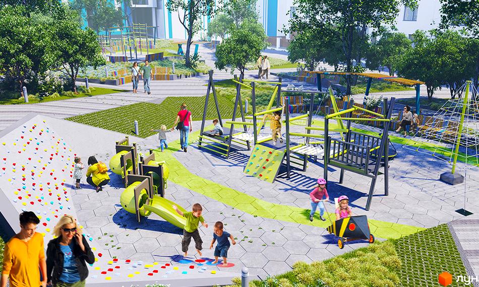 Дитячий майданчик у дворі ЖК Синергія Glass з гірками, гойдалками та ігровим обладнанням, поруч з будинками.