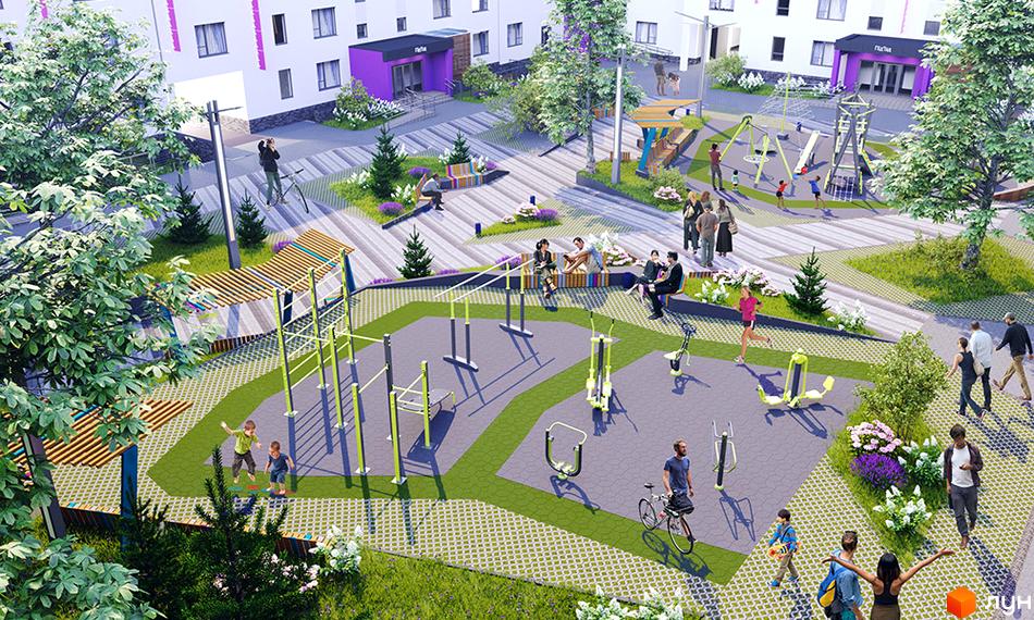 Житловий комплекс Синергія Glass з білими фасадами та фіолетовими акцентами, облаштована прибудинкова територія з дитячим майданчиком та спортивними тренажерами.