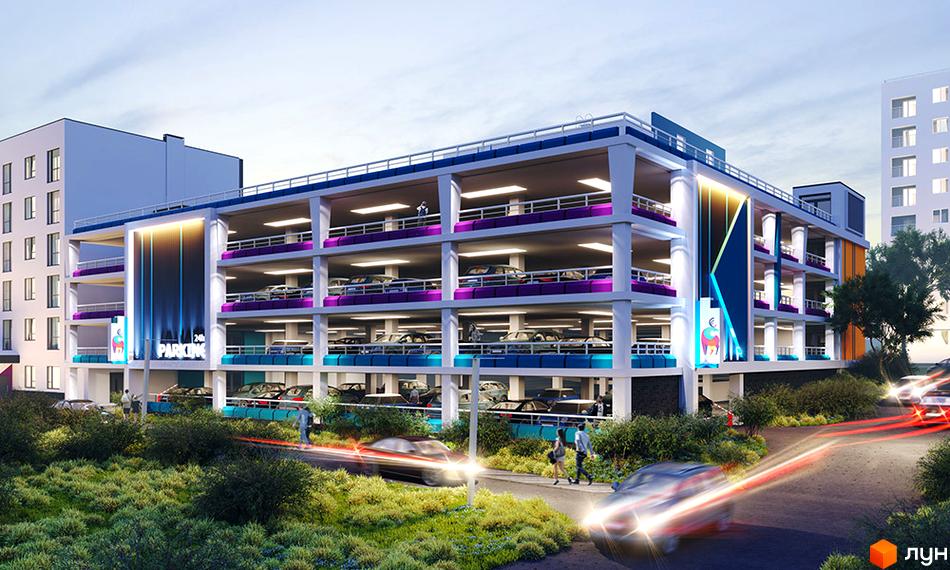 Багатоповерховий паркінг житлового комплексу. Фасад будівлі з великими вікнами, на території зелені насадження та дорога з автомобілями.