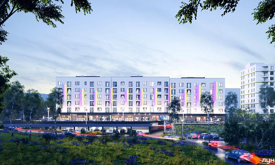 Зображення фасаду та прибудинкової території Житлового району Синергія Glass. Вигляд на парковку та дорогу біля будинку.