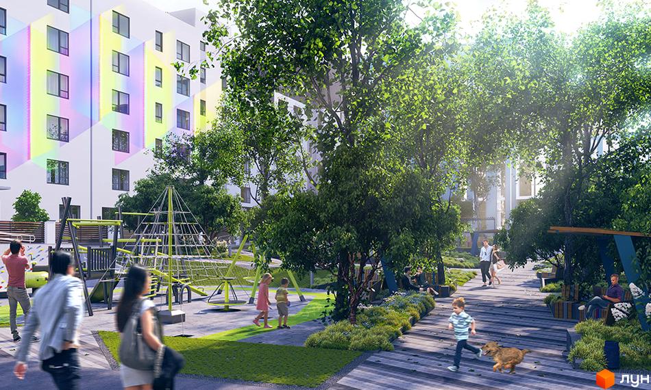 Зображення Житлового комплексу Синергія Glass з дитячим майданчиком та зеленими насадженнями. Вигляд новобудови ззовні.