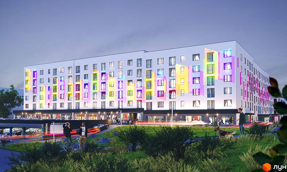 Зображення Житлового комплексу Синергія Glass з яскравими кольоровими вставками на фасаді та облаштованою прибудинковою територією.