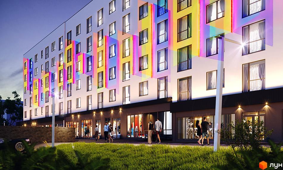 Зображення фасаду Новобудови Синергія Glass з яскравими кольоровими вставками та прибудинковою територією з газоном.