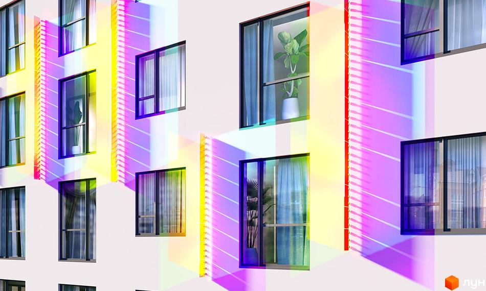 Зовнішній вигляд Новобудови Синергія Glass з великими вікнами та світлим фасадом. На вікнах видно рослини.