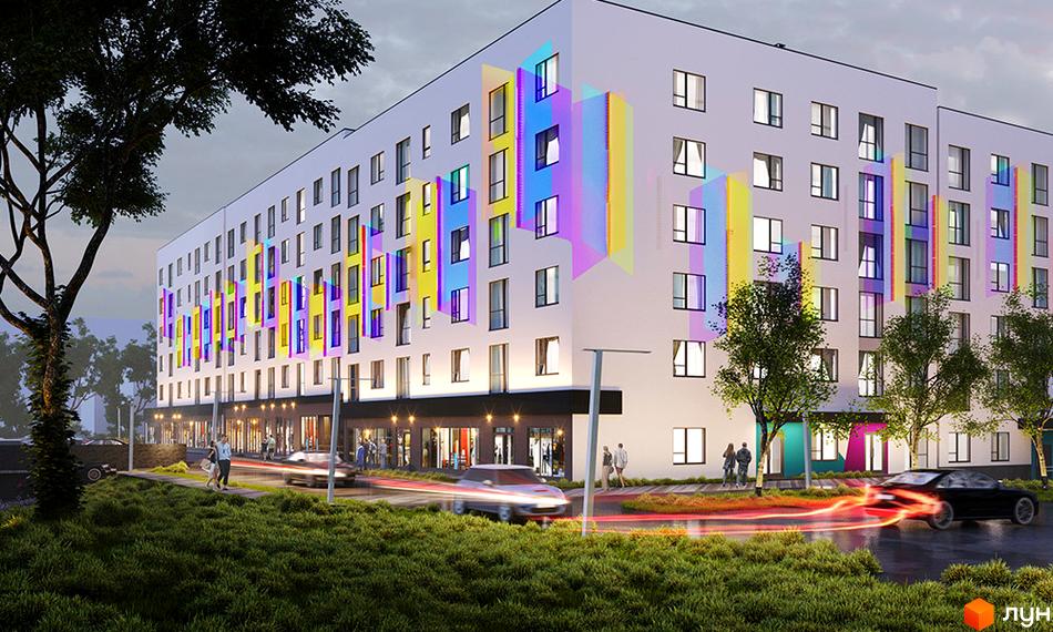 Зображення Житлового району Синергія Glass з кольоровим фасадом та прибудинковою територією, де видно автомобілі та пішоходи.