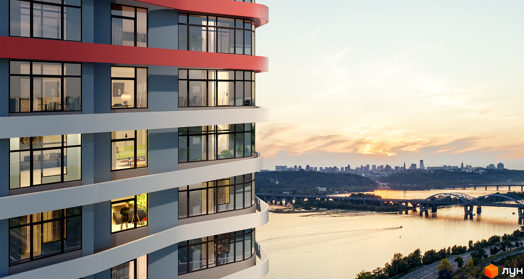 Зображення фасаду Житлового комплексу Берег Дніпра з панорамними вікнами та виглядом на річку і місто на горизонті.