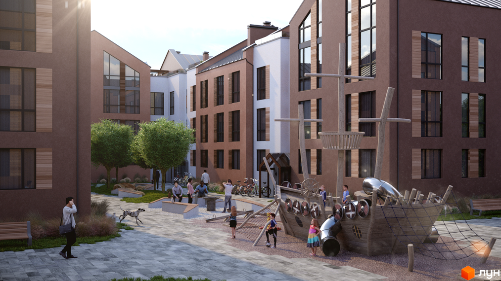 Житловий комплекс Viking Home: фасади будинків з дерев'яними елементами та дитячий майданчик у вигляді корабля. Територія комплексу з зонами відпочинку та зеленими насадженнями.