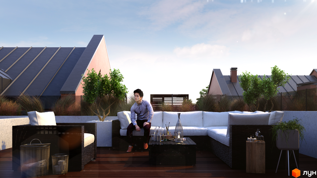 Зовнішній вигляд будинків ЖК Viking Home з терасою та зоною відпочинку. Сучасний дизайн фасаду та затишна прибудинкова територія для мешканців.