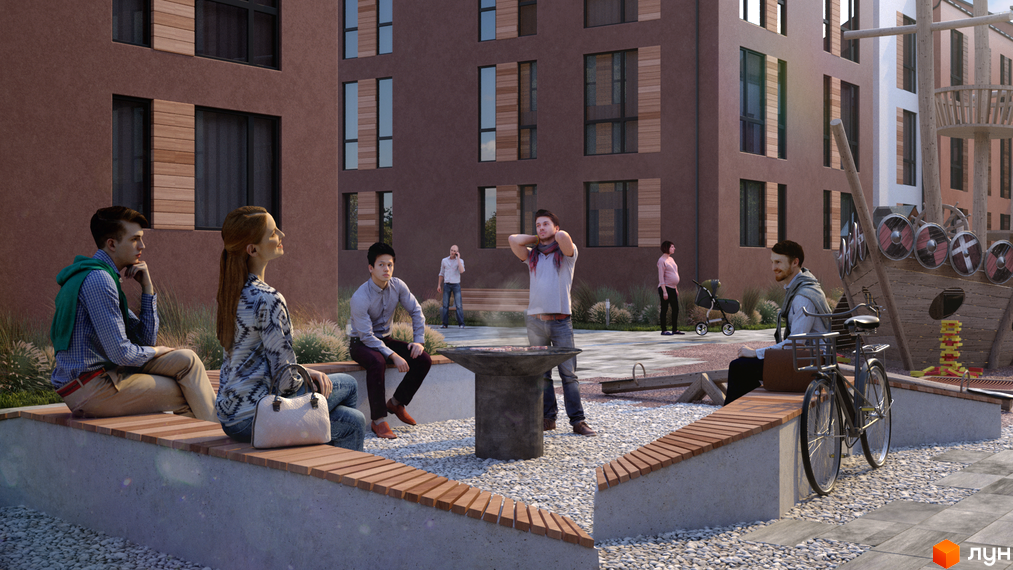 Житловий комплекс Viking Home з фасадами з натурального дерева та зоною відпочинку з місцями для сидіння та дитячим майданчиком у вигляді корабля.