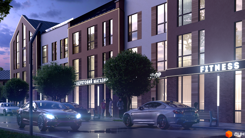 Зображення фасаду та прибудинкової території Житлового комплексу Viking Home. На передньому плані автомобілі.