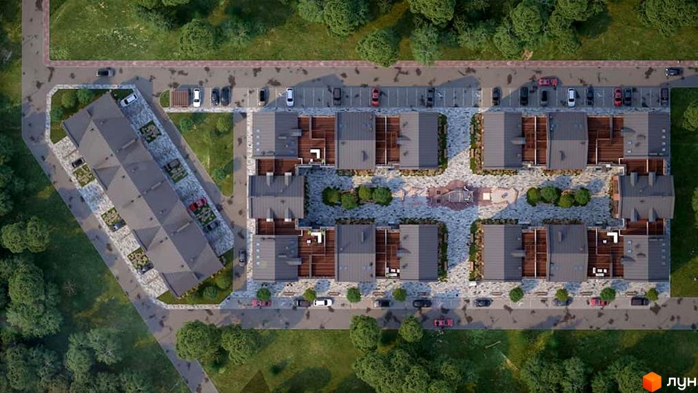 Вид зверху на житловий комплекс Viking Home з будинками та прибудинковою територією з паркуванням та зеленими зонами. Огляд новобудови Viking Home з дрона.