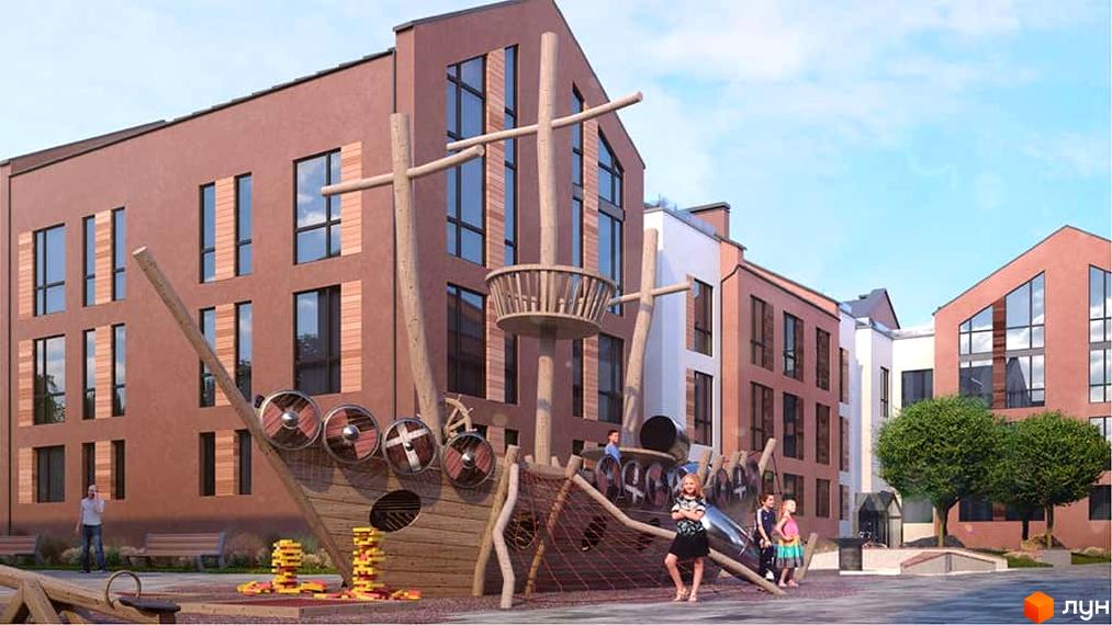 Зовнішній вигляд будинків у Житловому районі Viking Home з дитячим майданчиком у формі корабля вікінгів.