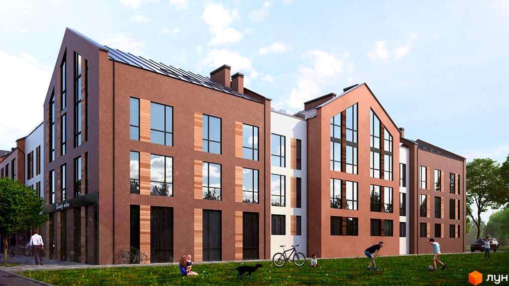 Зовнішній вигляд житлового комплексу Viking Home з коричневим фасадом та великими вікнами. На прибудинковій території діти граються на траві.