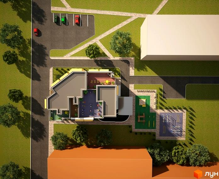 Зображення зверху на Клубний будинок „Сонячний“ з сірим дахом та дитячим майданчиком. Навколо будинку зелені насадження та парковка.