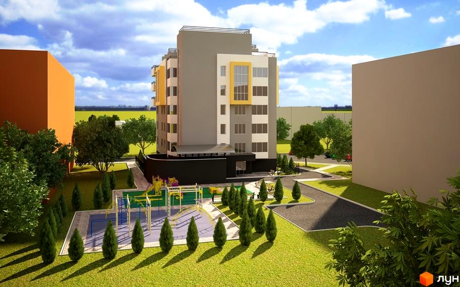 Клубний будинок „Сонячний“ з сірими та жовтими фасадами, балконами та великими вікнами. На прибудинковій території розташовані дитячий майданчик, зелені насадження та доріжки.