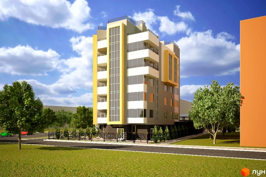 Клубний будинок „Сонячний“ – це сучасна новобудова з балконами та великими вікнами, оточена зеленими деревами та доглянутою прибудинковою територією.