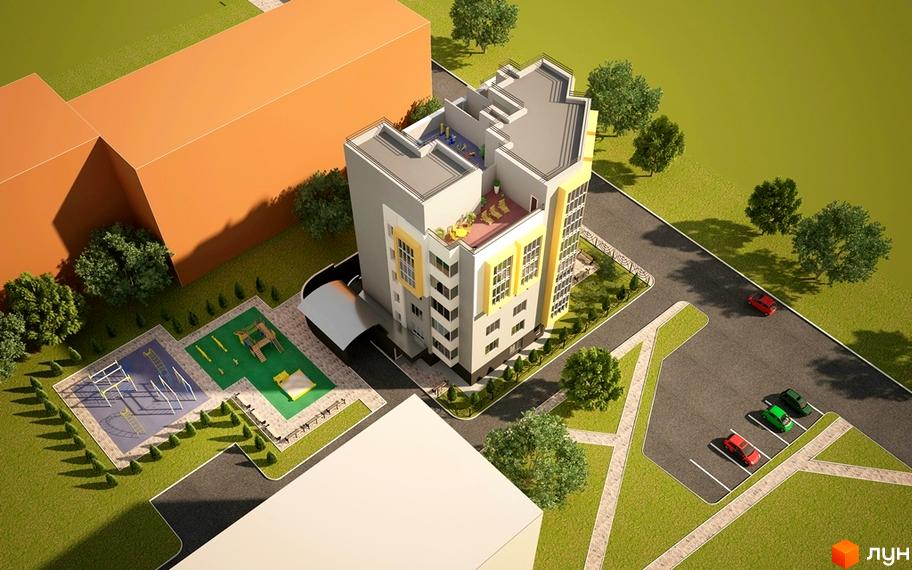 Клубний будинок „Сонячний“ з жовто-сірими фасадами та дитячим майданчиком поруч. Тераса на даху з місцями для відпочинку.